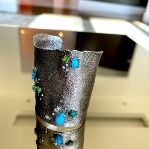 Alexis Bittar brushed silver bracelet, cuff, encrusted crystals and gems. NWOT